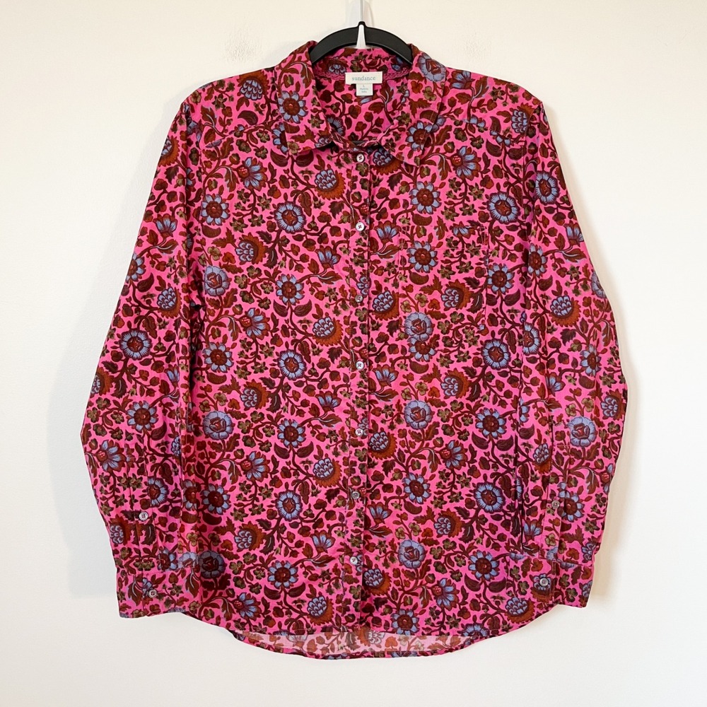 Sundance Bohemian Floral Print Button Up Shirt Fuchsia Pink Blue Womens Large